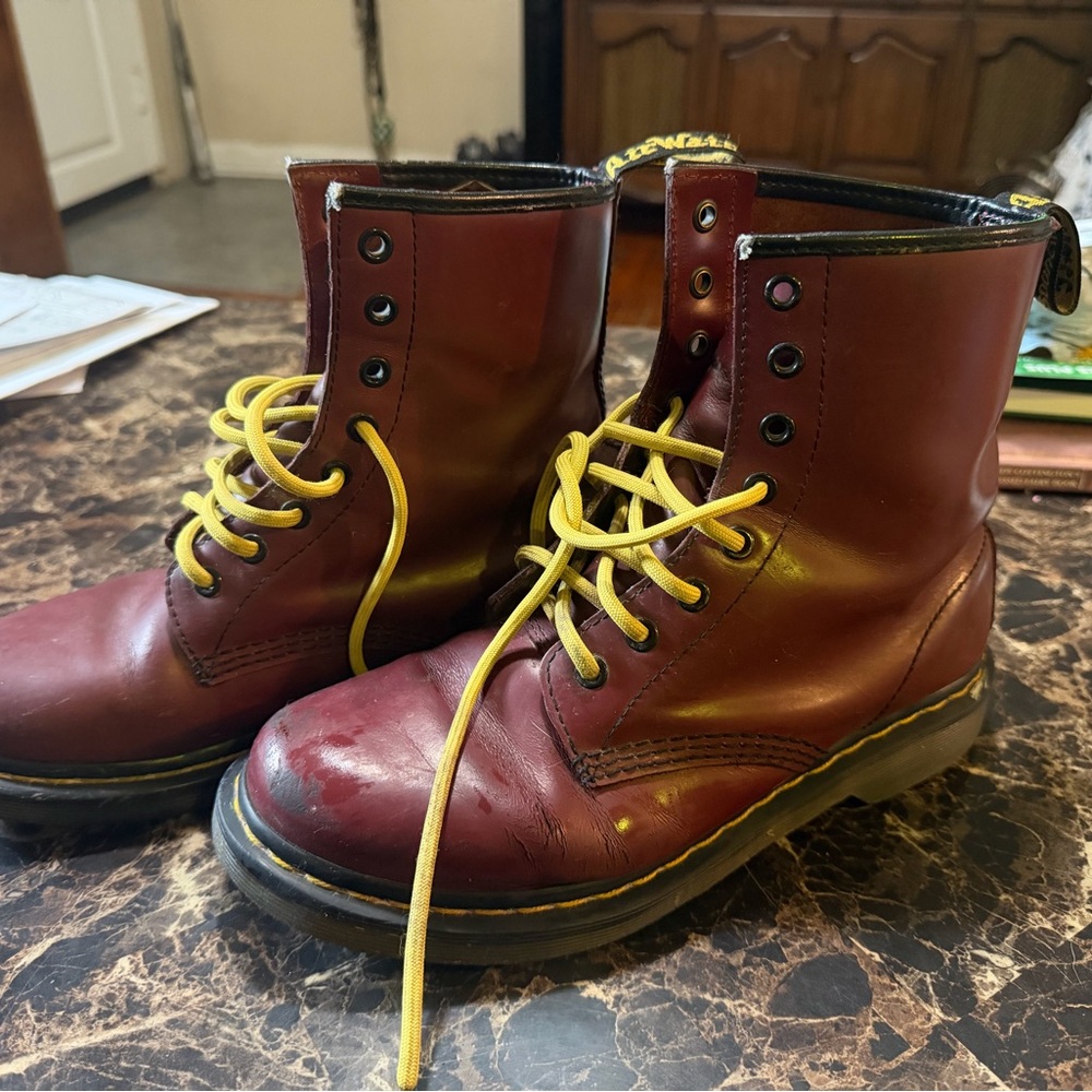Burgundy Leather Boots with Yellow Laces